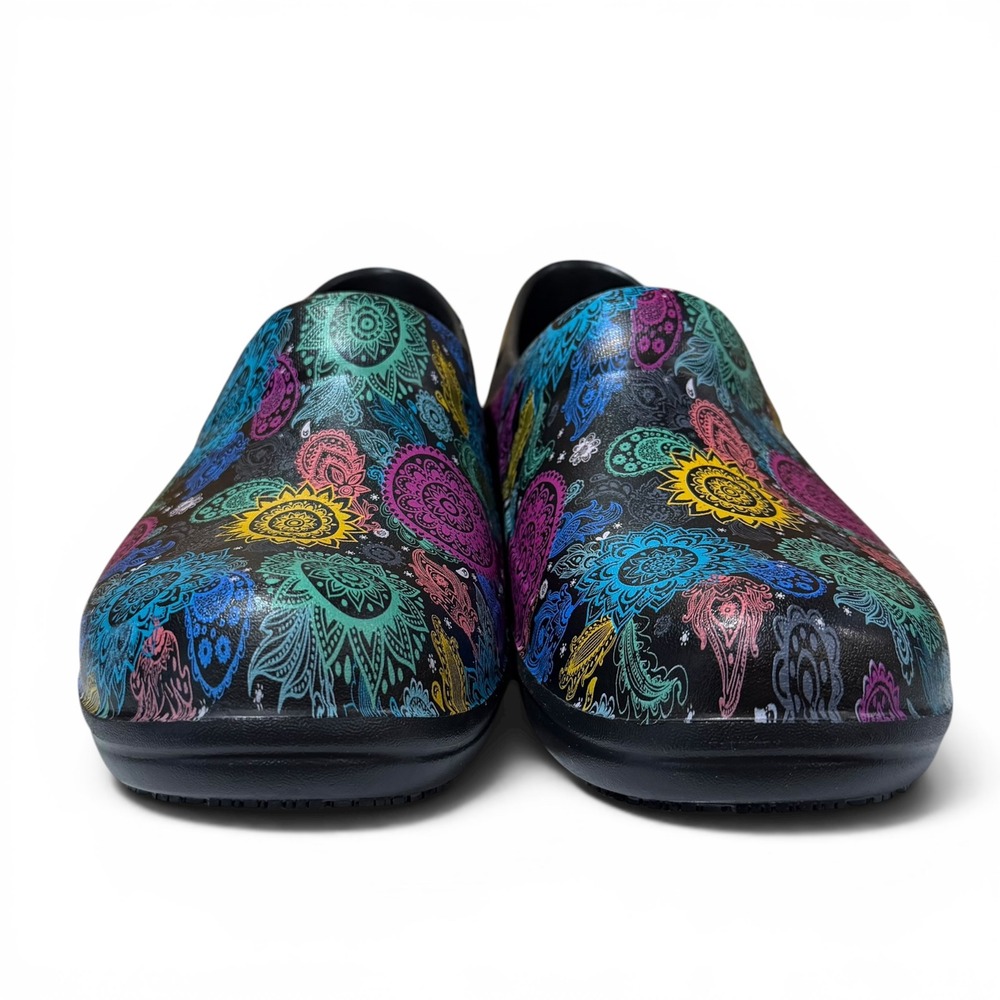 Crocs Neria Pro II Women 10 Black Mandala Floral Slip Resistant Work Clog Shoe - Picture 3 of 9